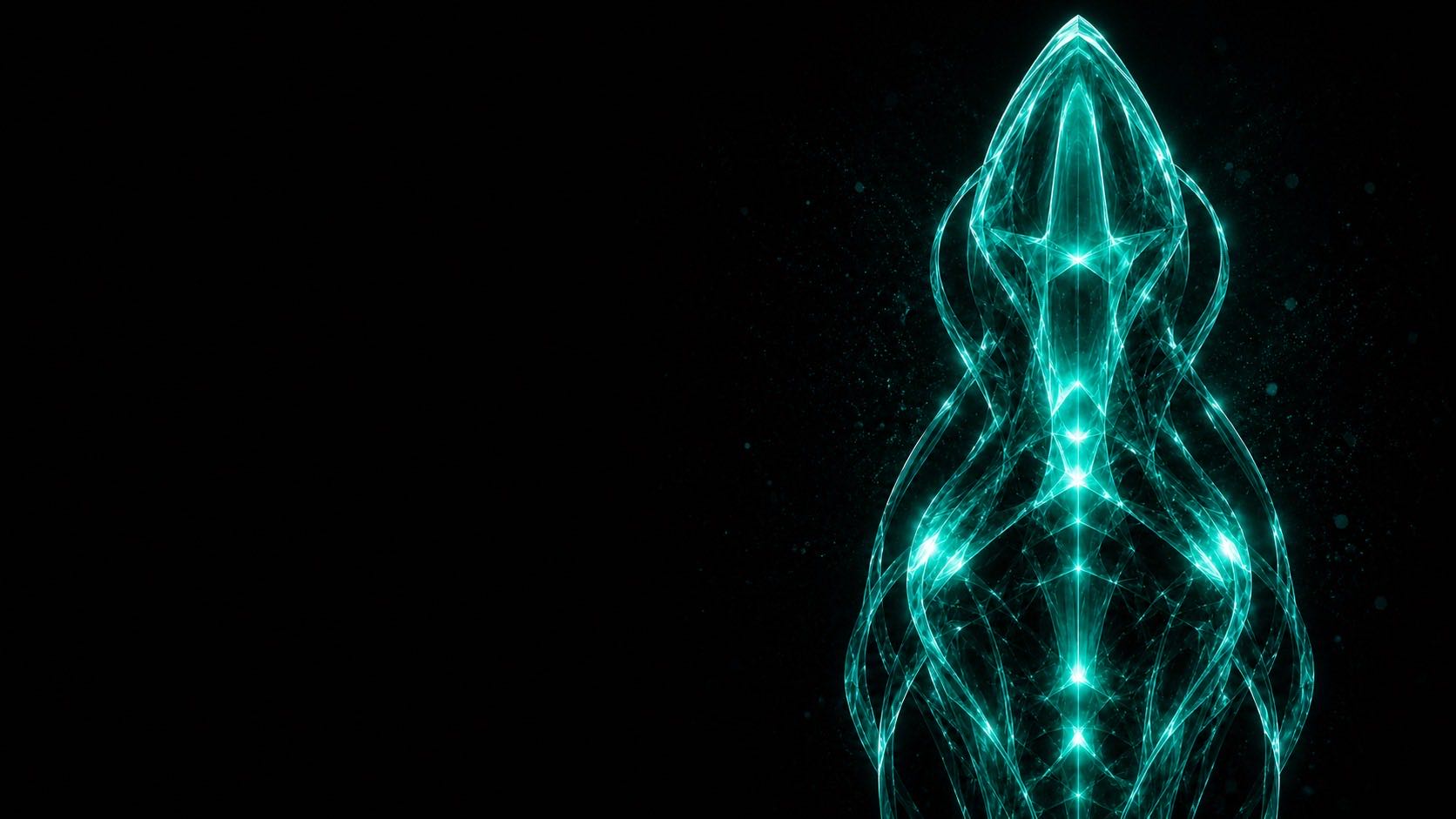 Reclain AI agent — luminous crystalline form with electric teal energy halo, emerging from dark void